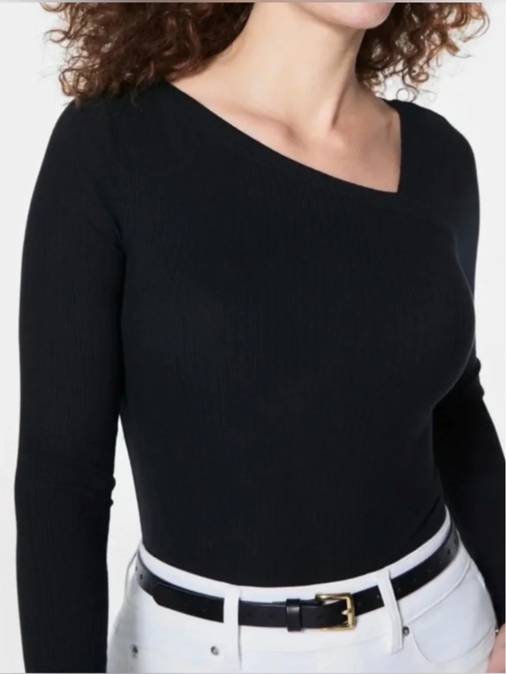 Spanx-Assymeytical-Black Ribbed-Long Sleeve-Elevated-Basic-Office-Business-S